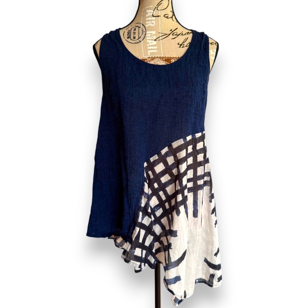Crea Concept Navy Linen Asymmetric Tunic Top Sleeveless  S/M